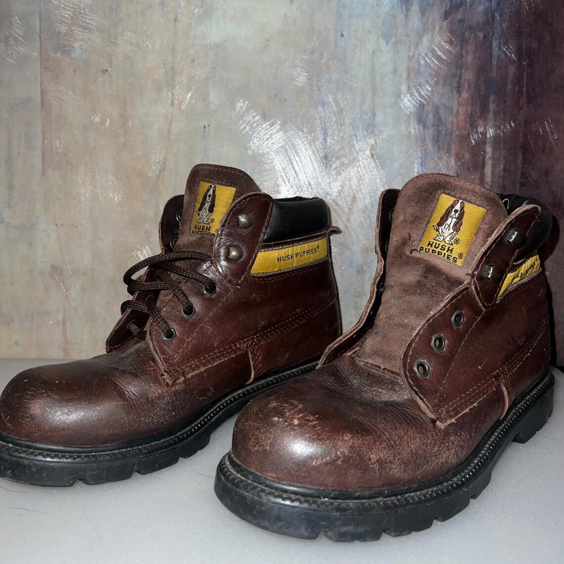 Vintage Hush Puppies Work Boots Mens 38 Brown Good Weathered Leather 90s Utility, foto 1 di 5