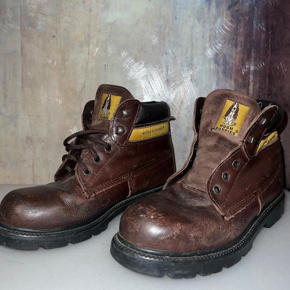 Vintage Hush Puppies Work Boots Mens 38 Brown Good Weathered Leather 90s Utility