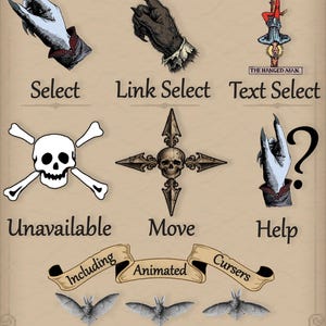 May include: A digital collection titled 14 Classic Spooky Cursors featuring various icons including a pale hand for Select, a dark furry hand for Link Select, The Hanged Man for Text Select, a skull for Unavailable, a cross for Move, and a bat.