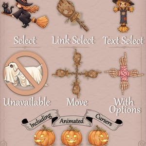 May include: A digital collection of 14 Cute Halloween Cursors for Windows, featuring illustrations of a witch on a broom, a scarecrow hand, a scarecrow, a ghost dog, a move icon, and skeleton hands, with text labels and three orange jack-o'-lanterns.