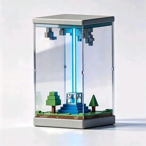 May include: A rectangular glass display case containing a miniature voxel-style landscape. Inside, a central blue light beam rises from a tiered blue base toward pixelated gray clouds. Two small green trees stand on a brown and green terrain.