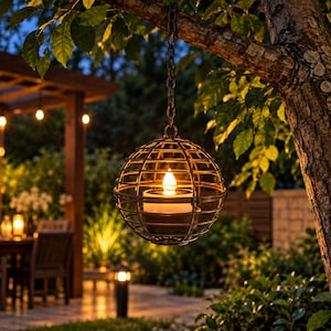 May include: A spherical metal cage lantern with a dark finish, suspended by a chain from a tree branch. The lantern features a central white candle with a glowing flame-shaped bulb, providing warm illumination within the open-frame structure.