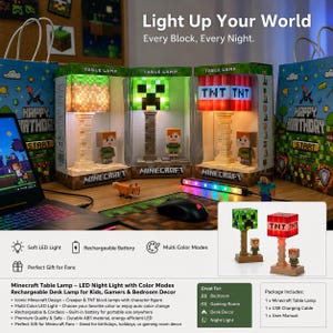 Op de afbeelding: Drie Minecraft LED-tafellampen in de originele verpakking, met een grasblok, een groen Creeper-gezicht en een rood TNT-blokontwerp. Elke lamp bevat een klein figuurtje op een voetstuk, met zachte verlichting en verschillende kleurmodi.