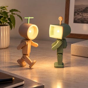 Op de afbeelding: Twee kleine robotvormige bureaulampen met verlichte koppen. De linkerlamp is beige met een ronde kop en een groene antenne, terwijl de rechterlamp saliegroen is met een rechthoekige kop en een oranje antenne. Beide hebben beweegbare ledematen.