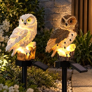 Può includere: Due luci solari da giardino a forma di gufi appollaiati su ceppi d'albero. Un gufo è bianco con occhi gialli, l'altro è marrone e bianco con occhi scuri. Entrambe le figure sono illuminate dal basso e montate su picchetti neri.
