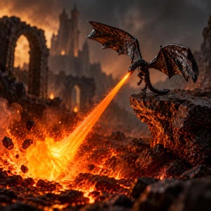 Pode incluir: Uma estatueta de dragão preto empoleirada na borda de um penhasco rochoso, cuspindo um longo jato de fogo laranja brilhante para baixo em um poço de lava derretida, cheio de rochas vulcânicas escuras e irregulares sob um céu nublado.