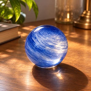 May include: A spherical glass paperweight featuring a deep blue base colour with swirling white streaks that create a dynamic, cloud-like pattern throughout the transparent material, reflecting light across its smooth, polished, and rounded surface.