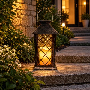 Peut inclure: Une lanterne rectangulaire avec une finition noire vieillie et une poignée en métal. La lanterne présente un cadre en treillis avec des panneaux en verre et contient une bougie cylindrique unique, lumineuse, diffusant une lumière jaune douce.