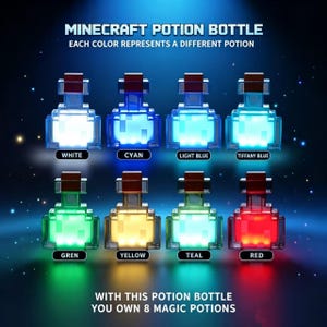 May include: Eight Minecraft potion bottles with pixelated designs, each glowing in a distinct colour: white, cyan, light blue, tiffany blue, green, yellow, teal, and red. Text reads: MINECRAFT POTION BOTTLE, EACH COLOUR REPRESENTS A DIFFERENT POTION, WITH THIS POTION BOTTLE YOU OWN 8 MAGIC POTIONS.