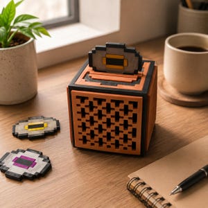 Peut inclure: Un conteneur cubique orange et noir au design pixélisé avec une fente sur le dessus. Un disque gris avec un centre jaune est inséré dans la fente. Deux autres disques plats pixélisés, l'un avec un centre jaune et l'autre violet, sont posés à côté.
