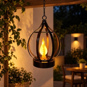 Può includere: Una lanterna sospesa in metallo nero con un design a gabbia sferica, appesa a una catena. All'interno della struttura, una lampadina luminosa a forma di fiamma emette una calda luce color ambra, creando un effetto tremolante nel telaio scuro.