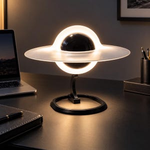 Op de afbeelding: Een tafellamp met een centrale zwarte bol omringd door een doorschijnende, oplichtende ring die lijkt op een planeet met ringen. De lamp wordt ondersteund door een gebogen zwarte standaard die is bevestigd aan een ronde voet.