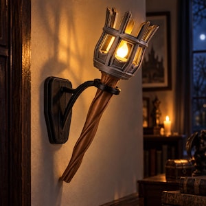 Peut inclure: Une applique murale en forme de torche avec un manche torsadé marron et une cage gris métallique en forme de couronne abritant une ampoule à la lueur chaude. Le luminaire est fixé au mur par un support de montage et un bras rectangulaires noirs.