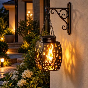 May include: A black metal hanging lantern with a cutout flame pattern, suspended from a decorative wall bracket by two chains. The lantern emits a warm, glowing light from within, casting intricate flame-shaped shadows on the wall surface.