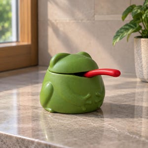Peut inclure: Un récipient en céramique vert mat en forme de grenouille avec un corps lisse et arrondi et un couvercle. Une langue rouge vif et incurvée dépasse de la bouche de la grenouille, servant de poignée pour le couvercle. La grenouille a des pattes avant.