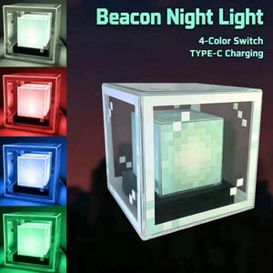 May include: A square Beacon Night Light featuring a pixelated cube design inside a clear frame. The text reads Beacon Night Light, 4-Color Switch, and TYPE-C Charging. The light displays four different colours including white, red, blue, and green.