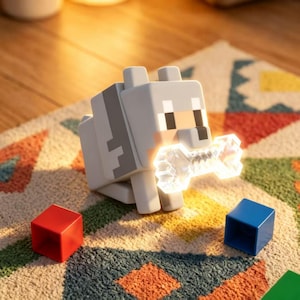 May include: A blocky, light gray wolf figurine with a dark gray tail and ears, holding a glowing, translucent white bone in its mouth. The figure features pixelated facial details and is positioned near a small red cube and a blue cube.