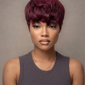 Burgundy Short Pixie Cut Wig with Bangs, Synthetic Natural Hair