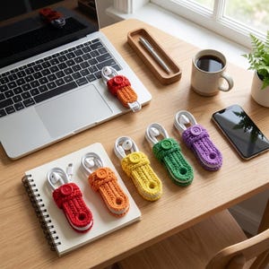 May include: A collection of colorful, hand-crocheted cable organizers, each featuring a single button closure. These small, textured fabric pouches are designed to hold white wired earbuds and charging cables, available in red, orange, yellow, green, and purple.