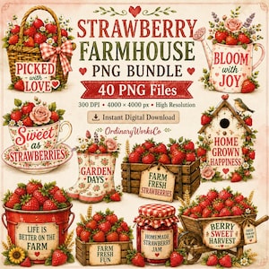 Op de afbeelding: Een digitale collectie van aardbei-illustraties met een rieten mand, gieter, theekop, tuinlaarzen, houten kratten, een jampot en een kruiwagen, allemaal gevuld met rode aardbeien en voorzien van diverse tekstlabels en decoratieve elementen.