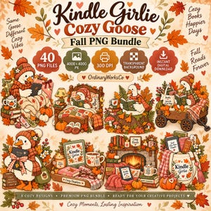 Könnte beinhalten: Ein digitales Grafikpaket mit dem Titel Kindle Girlie Cozy Goose Fall PNG Bundle mit 40 Dateien. Die Sammlung enthält Illustrationen von Gänsen, die E-Reader lesen, in Betten sitzen und von Herbstblättern, Kürbissen und Büchern umgeben sind.