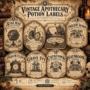 Può includere: Una collezione di otto etichette per pozioni da speziale in stile vintage con intricate illustrazioni a inchiostro nero su sfondi di pergamena invecchiata. Le etichette includono titoli come Star Map, Astral Locket, Secret Drawer, Twilight Acorn, Parlor Clock, Grave Ivy, Catacomb Camellia e Haymoon Tonic, tutti con dettagliati motivi botanici e mistici.