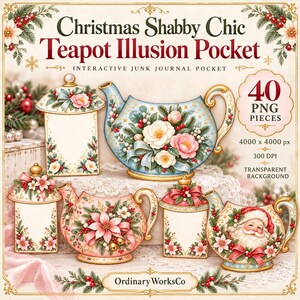 May include: A digital collection of 40 PNG pieces featuring Christmas Shabby Chic Teapot Illusion Pocket designs. The set includes illustrated teapots and rectangular pockets decorated with floral patterns, pine branches, berries, and a Santa Claus graphic.