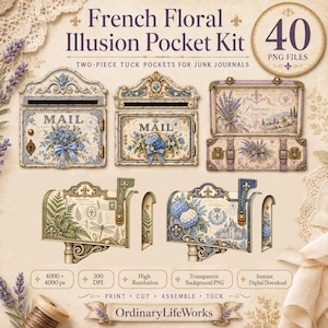 May include: A digital kit titled French Floral Illusion Pocket Kit containing 40 PNG files. The set features illustrations of two mailboxes, a vintage suitcase, and two rural mailboxes with floral, dragonfly, and French-themed designs.