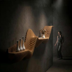 Pu&ograve; includere: Una mensola a parete caratterizzata da una struttura a strati ondulati in tonalit&agrave; legno chiaro. La mensola sostiene tre vasi bianchi sulla sinistra e un vaso bianco con fiori secchi sulla destra. Il design &egrave; composto da lamelle parallele.