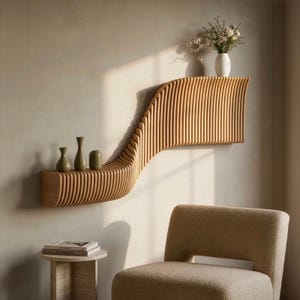 Può includere: Una mensola in legno montata a parete caratterizzata da un design ondulato continuo con doghe verticali. La mensola sostiene tre piccoli vasi sulla sezione inferiore e un vaso bianco con fiori secchi sulla sezione superiore, creando una disposizione a livelli.