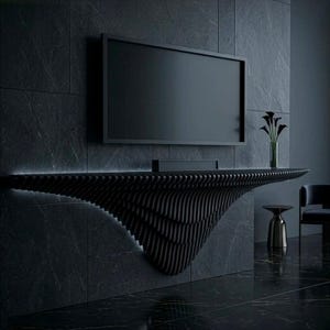 Puede incluir: Una mesa consola negra montada en la pared con un diseño de listones en capas e iluminación integrada. La consola se sitúa bajo un televisor de pantalla plana fijado en una pared de piedra oscura y texturizada con vetas visibles.