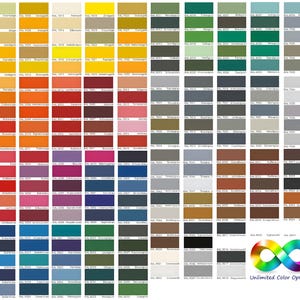 Pu&ograve; includere: Una tabella colori RAL completa che presenta una griglia di numerosi campioni di colore rettangolari, ciascuno etichettato con il proprio codice RAL e nome tedesco. Nell'angolo in basso a destra, un simbolo infinito multicolore si trova sopra il testo Unlimited Color Options.