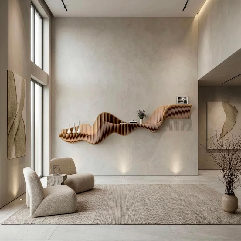 Pu&ograve; includere: Una mensola a muro in legno caratterizzata da un design ondulato continuo con listelli verticali. La mensola &egrave; posizionata su una parete di colore chiaro sopra due sedie imbottite beige e un tappeto testurizzato in una stanza spaziosa.