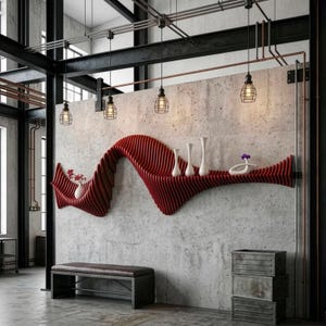 Può includere: Una mensola rossa a parete con un design ondulato a listelli sostiene diversi vasi bianchi. La mensola è fissata a una parete in cemento grigio in uno spazio industriale con travi metalliche a vista, tubi in rame e quattro lampade a sospensione.