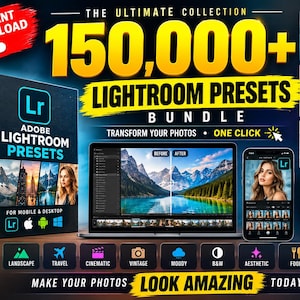 May include: A digital bundle of 150,000+ Adobe Lightroom presets for mobile and desktop. The promotional graphic features a product box, a laptop displaying photo editing software, and a smartphone, alongside text labels for various photography styles.