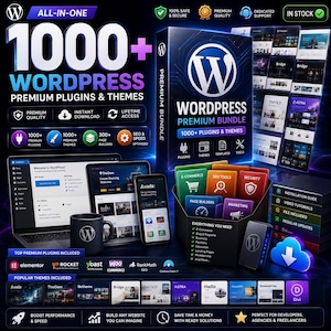 May include: A digital product bundle featuring 1000+ WordPress premium plugins and themes. The display includes a branded box, a laptop, a tablet, a smartphone, and a black mug, all showcasing the WordPress logo and various software interfaces.
