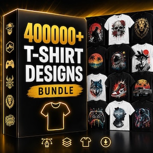 Pode incluir: Uma caixa preta grande com texto dourado 400000+ T-SHIRT DESIGNS BUNDLE e um contorno de t-shirt brilhante. À direita, uma grelha mostra vários designs de t-shirts, incluindo crânios, leões, astronautas, carros e comandos de jogo.