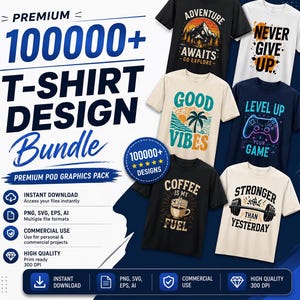Puede incluir: Un anuncio gráfico digital para un paquete de más de 100,000 diseños de camisetas que muestra varias camisetas con estampados gráficos que incluyen temas de montaña, juegos, café y motivación, junto con texto sobre formatos y derechos.
