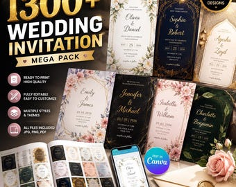 May include: A digital collection of 1300+ wedding invitation templates featuring various floral, gold, and dark themes. The set includes printable files, a display book, and a smartphone showing an editable design with the text Edit in Canva.