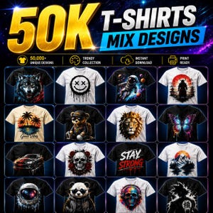 May include: A digital collection of 50,000 t-shirt designs featuring various graphic prints including a wolf, a smiley face, an astronaut, a samurai, palm trees, a bear, a lion, a butterfly, a car, a skull, and a panda on white and black shirts.