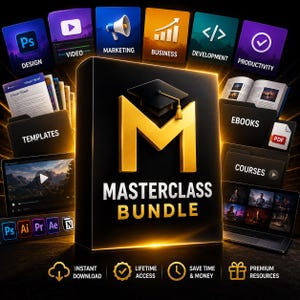 Könnte beinhalten: Eine digitale Produkt-Bundle-Box mit der Aufschrift MASTERCLASS BUNDLE, einem goldenen Buchstaben M und einem Doktorhut-Symbol. Umgebende Elemente umfassen Symbole für Design, Video, Marketing, Business, Entwicklung und Produktivität sowie Ordner und E-Books.