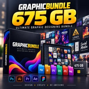 Puede incluir: Una caja negra etiquetada GRAPHIC BUNDLE ULTIMATE GRAPHIC DESIGNING BUNDLE con ondas abstractas coloridas, un monitor de computadora que muestra varias plantillas gráficas y una pequeña unidad negra con 675 GB MASSIVE COLLECTION.