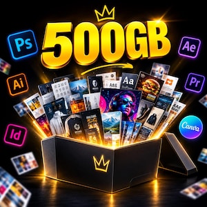 Könnte beinhalten: Eine schwarze Box mit einem goldenen Kronenlogo, die hell leuchtet und verschiedene digitale Design-Assets enthält. Über der Box steht der Text 500GB in großen goldenen Buchstaben. Um die Box herum befinden sich Neon-Icons für Adobe und Canva.