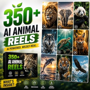 Może przedstawiać: Cyfrowa prezentacja produktu zawierająca 350+ AI Animal Reels z nakładkami tekstowymi. Grafika zawiera czarne pudełko z lampartem oraz różne zdjęcia zwierząt, takie jak lew, słoń, panda, wilk, żółw, lis, delfin, tygrys i orzeł.