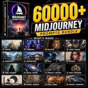 Puede incluir: Una caja de producto digital etiquetada como Midjourney Prompts Bundle con un paisaje al atardecer, acompañada de un gran texto amarillo que dice 60000+ Midjourney Prompts Bundle y una cuadrícula de dieciséis miniaturas categorizadas que incluyen fantasía, cyberpunk y comida.