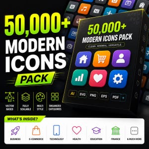 May include: A digital product box labeled 50,000+ MODERN ICONS PACK with clean, minimal, versatile text. The box displays colorful app-style icons including a house, shopping cart, user, graph, heart, and gear, with file formats AI, SVG, PNG, EPS, and PDF.