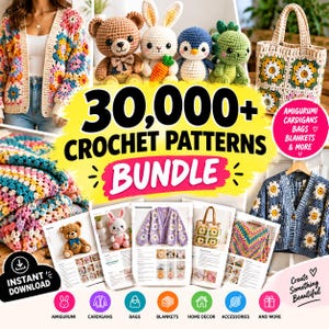 Puede incluir: Un paquete digital de más de 30.000 patrones de ganchillo con imágenes de cárdigans coloridos de cuadrados de la abuela, animales de peluche amigurumi, un bolso de flores y hojas de instrucciones impresas para proyectos.