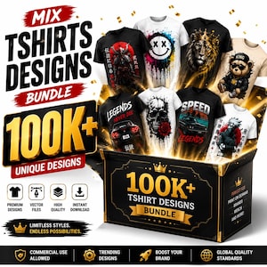 May include: A digital bundle of 100K+ t-shirt designs featuring various graphic prints including a samurai, a smiley face, a lion, a bear, a car, a skull, and an anime character. The collection is presented in a black box with gold text.