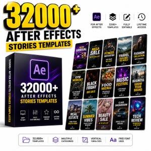 May include: A digital product box labeled 32000+ After Effects Stories Templates with a purple After Effects logo. Next to it are fifteen vertical graphic design templates for social media, featuring categories like fitness, travel, and fashion.