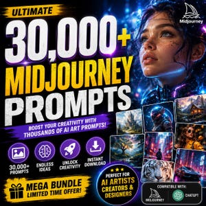 以下が含まれることがあります： 30,000以上のMidjourneyプロンプトバンドルのデジタル広告画像。テキストには「Ultimate 30,000+ Midjourney Prompts」、「Boost Your Creativity」、「Mega Bundle」と記載されています。人物のポートレートと、AIによって生成された複数の画像が含まれています。